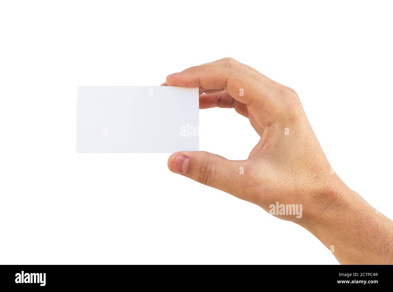 Male hand holding white business card isolated on a white background Stock Photo