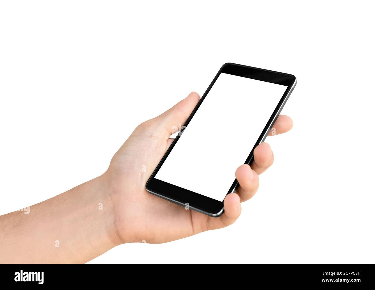 Modern smartphone in hand isolated on white background Stock Photo - Alamy