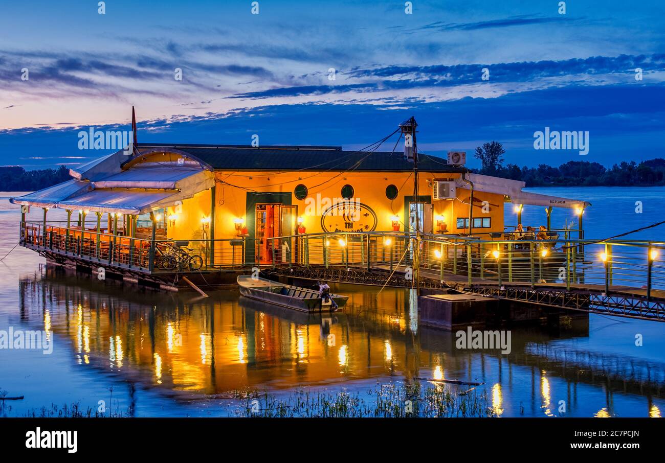 Belgrade / Serbia - February 22, 2020: Evening view of river raft restaurant and bar on the Danube river in Belgrade, Serbia Stock Photo