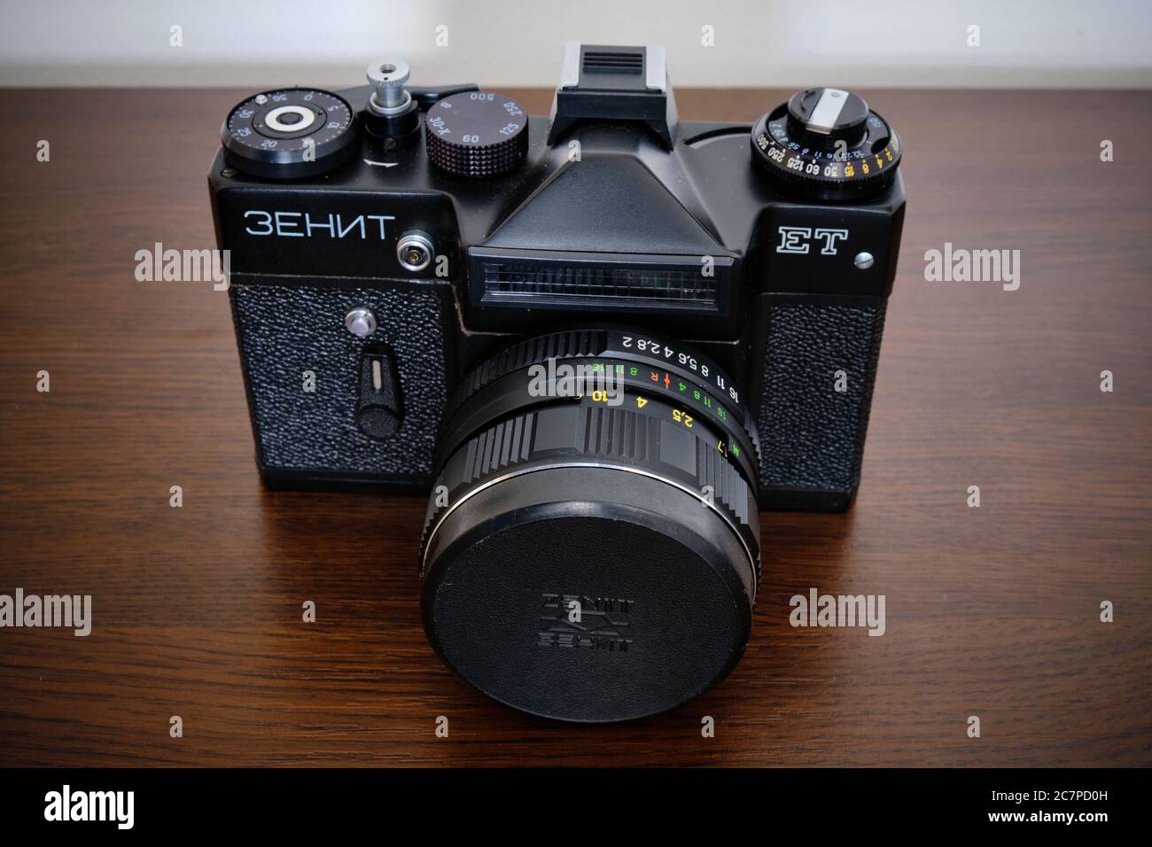 Moscow / Russia - January 1, 2020: Old Soviet analog 35 mm SLR film camera Zenit ET, with Helios 44M-4 58 mm lens Stock Photo
