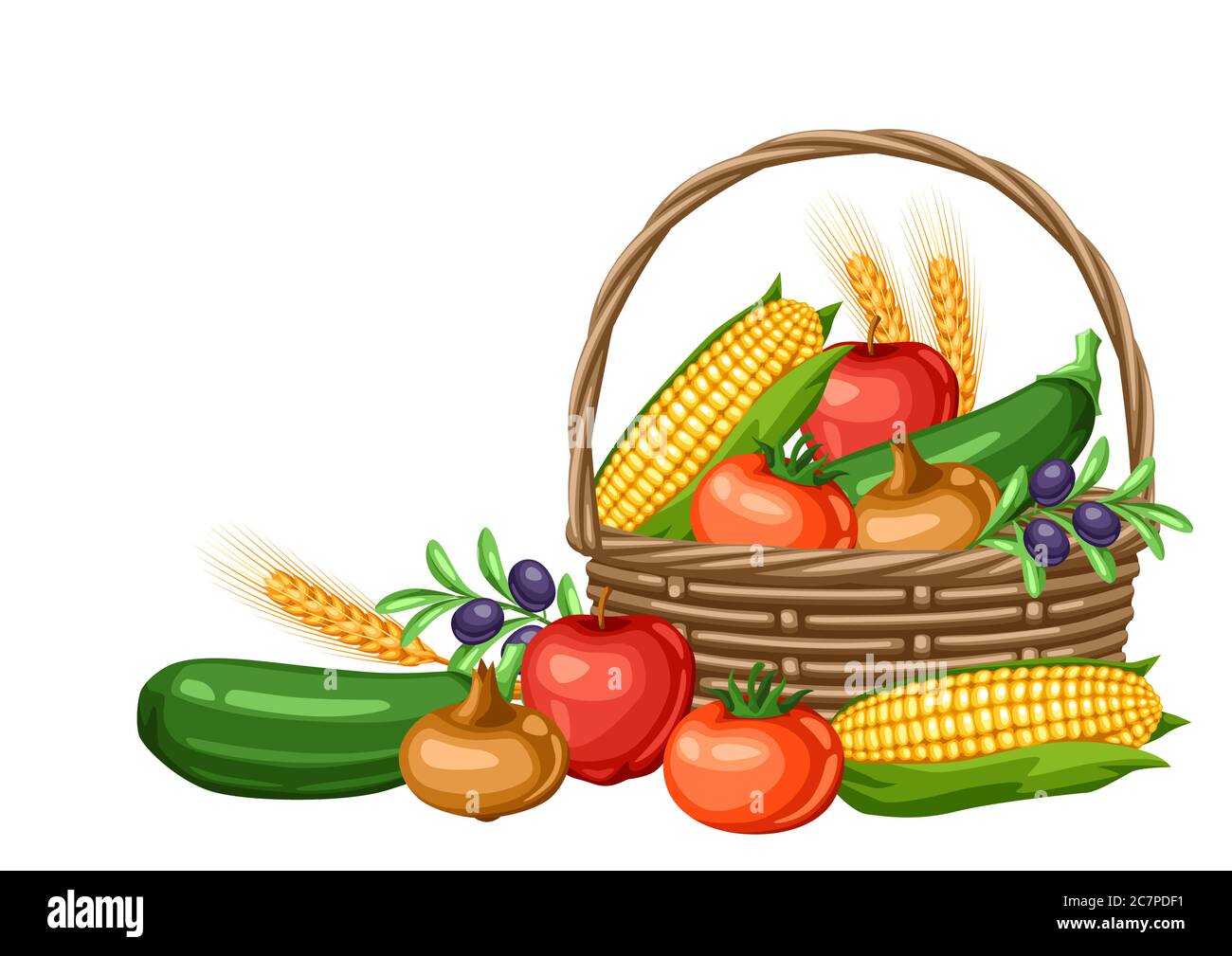 Harvest illustration of basket with seasonal fruits and vegetables ...