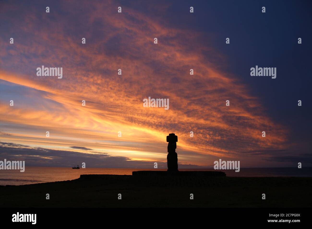 Moai at sunset, Easter Island, Rapa Nui, Polynesia, Chile, South America Stock Photo
