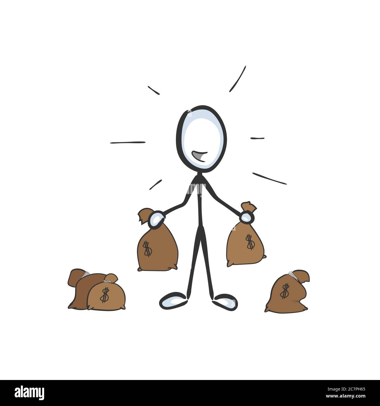 Rich holding bags of cash money. Vector simple wealthy man a lot of dollars. Stickman no face clipart cartoon. Hand drawn. Doodle sketch, graphic Stock Vector