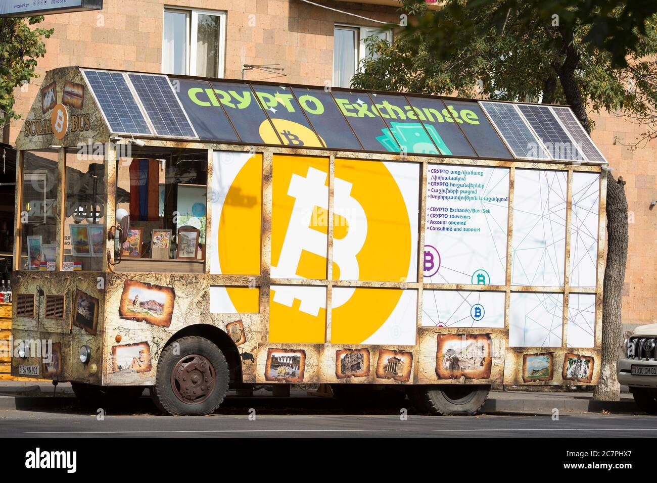A mobile crypto currency exchange vehicle in the streets of Yerevan, Armenia. Stock Photo