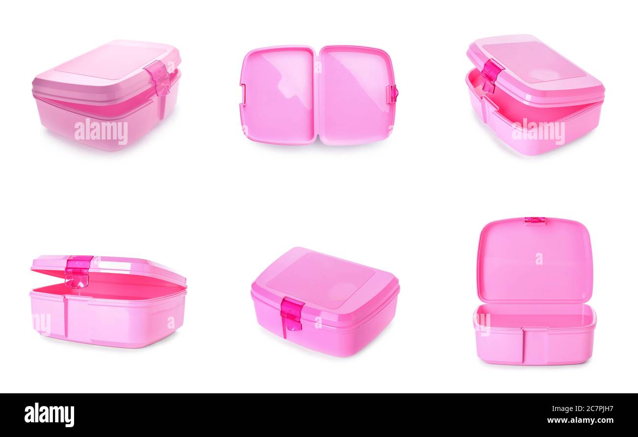 Plastic lunch boxes on white background Stock Photo