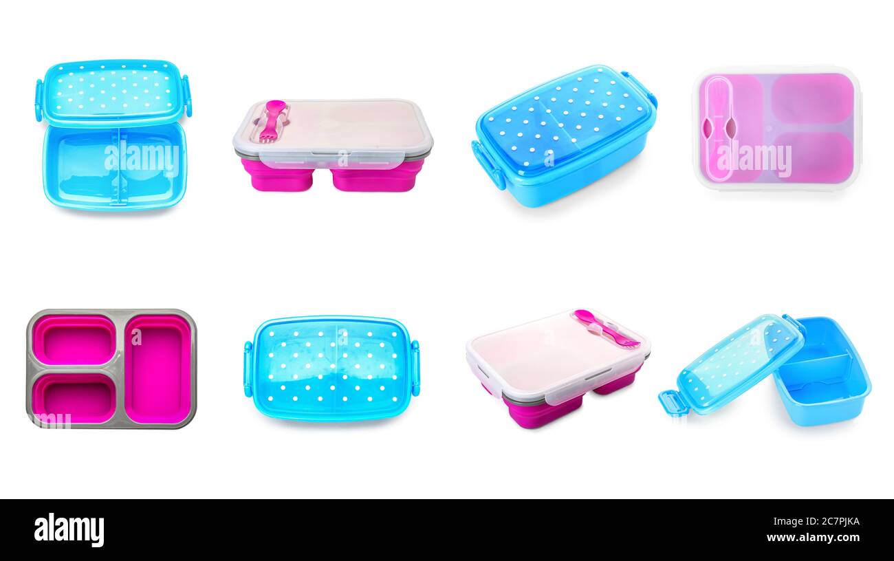 Plastic lunch boxes on white background Stock Photo