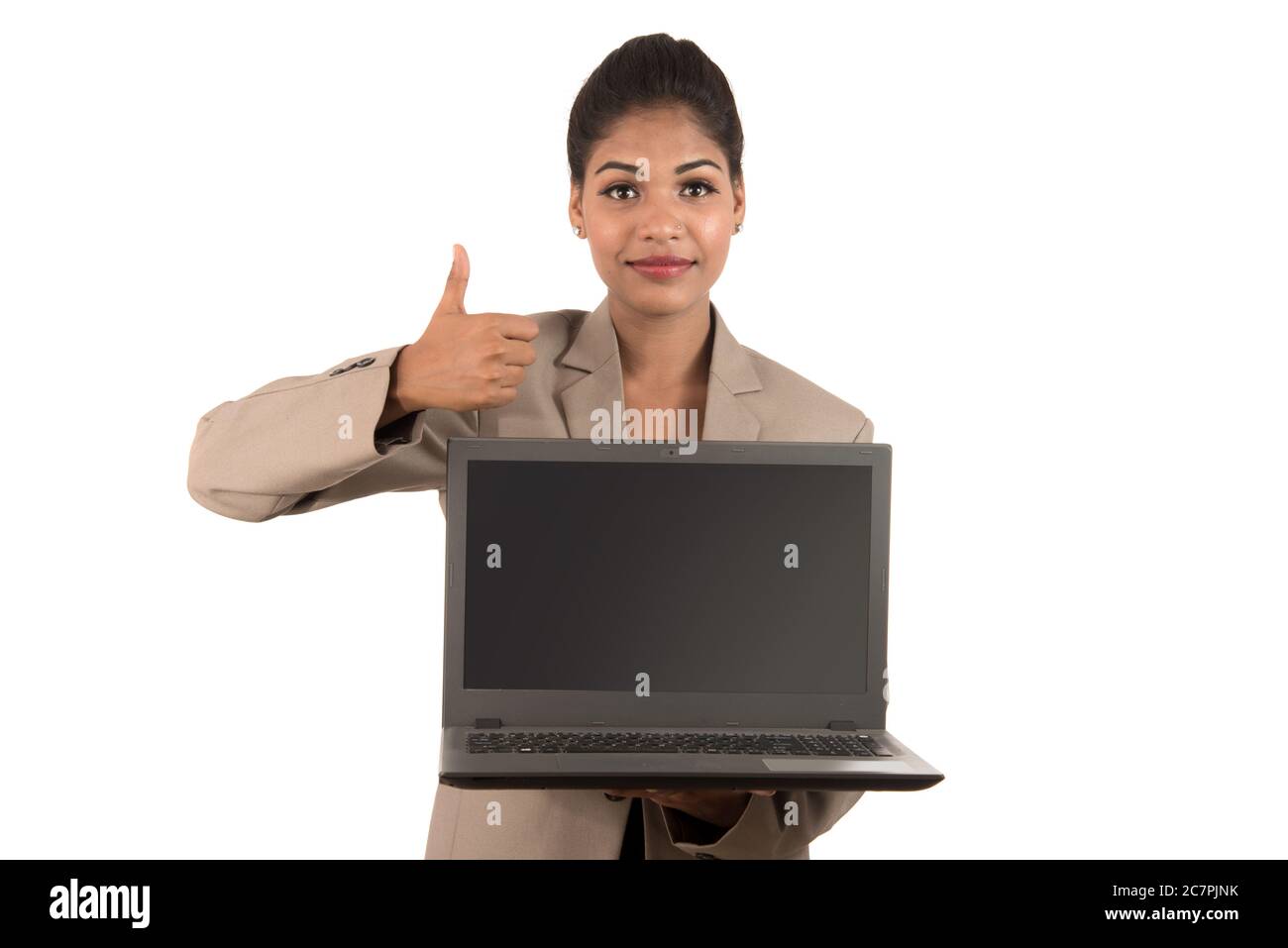 Happy excited business woman holding laptop and showing thumbs up ...