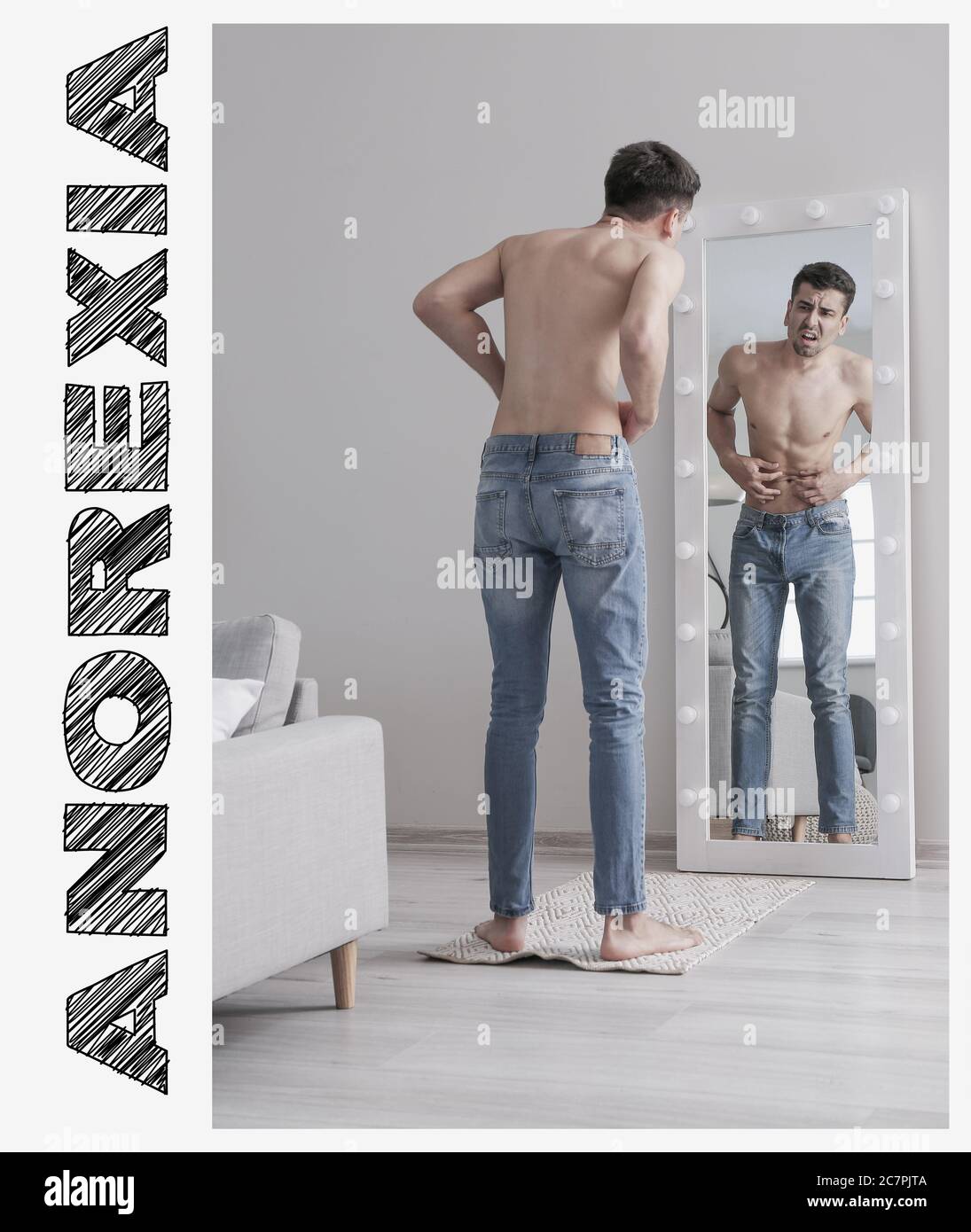 Young man with anorexia looking at his reflection in mirror Stock Photo
