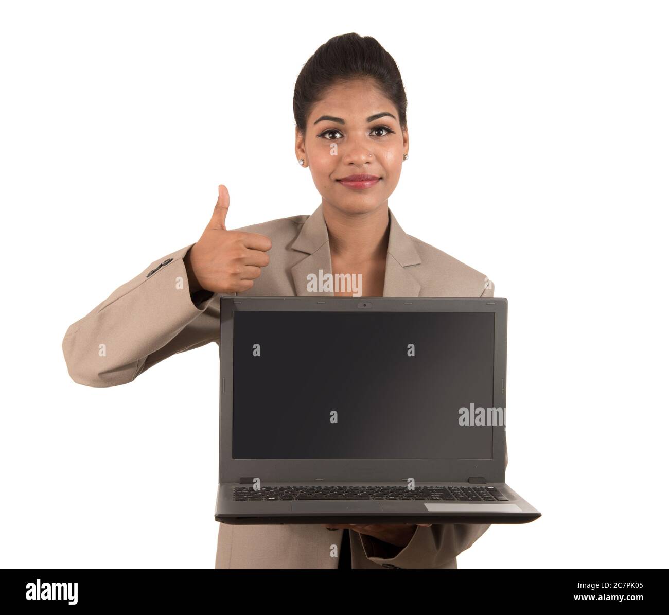 Happy excited business woman holding laptop and showing thumbs up ...