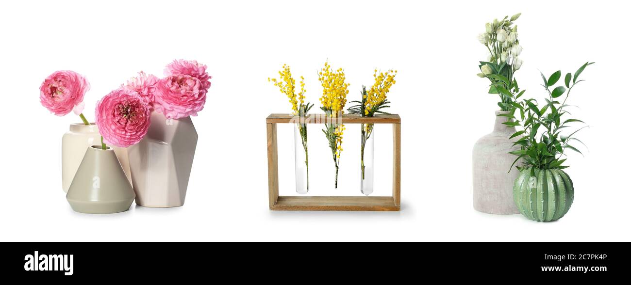 Different vases with beautiful flowers on white background Stock Photo ...