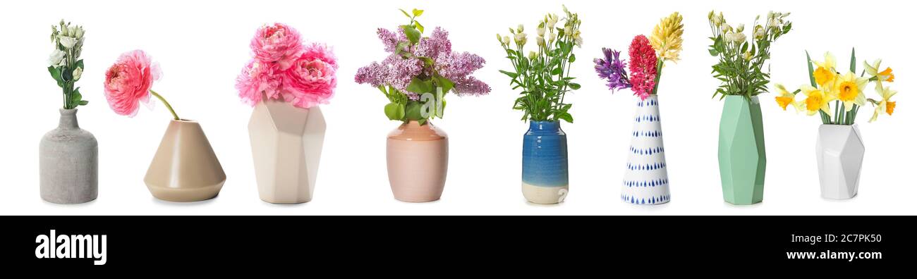 Different vases with beautiful flowers on white background Stock Photo ...
