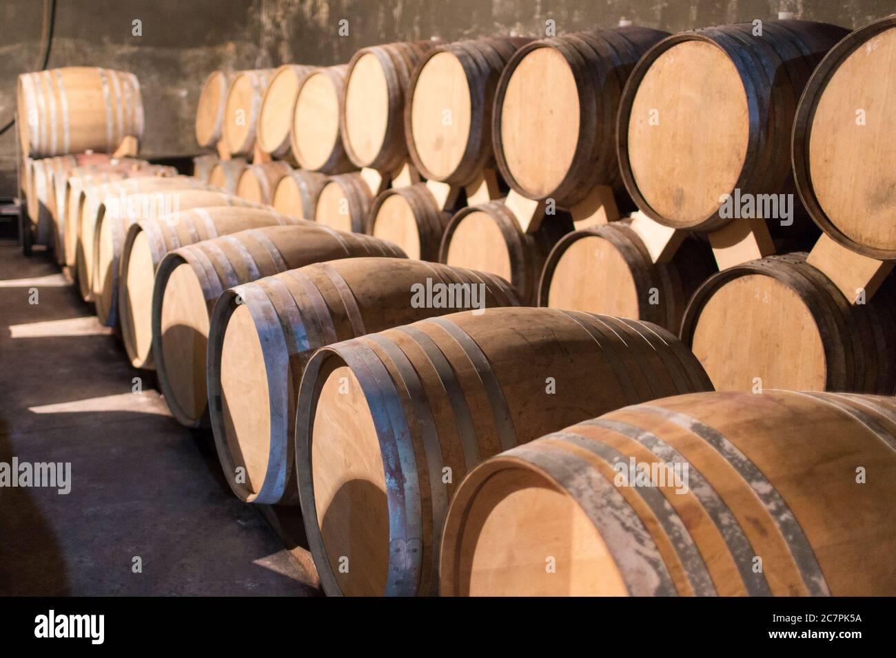 Barrels and bottles ready for export at the Hin Areni Vineyard, a few hours south of Yerevan in Armenia. Stock Photo