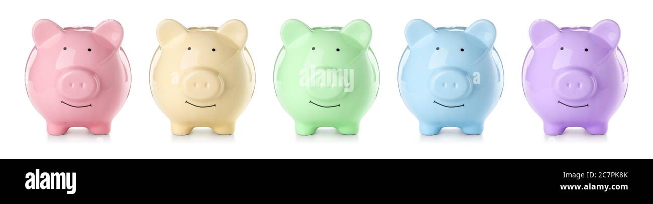 Colorful piggy banks on white background Stock Photo - Alamy