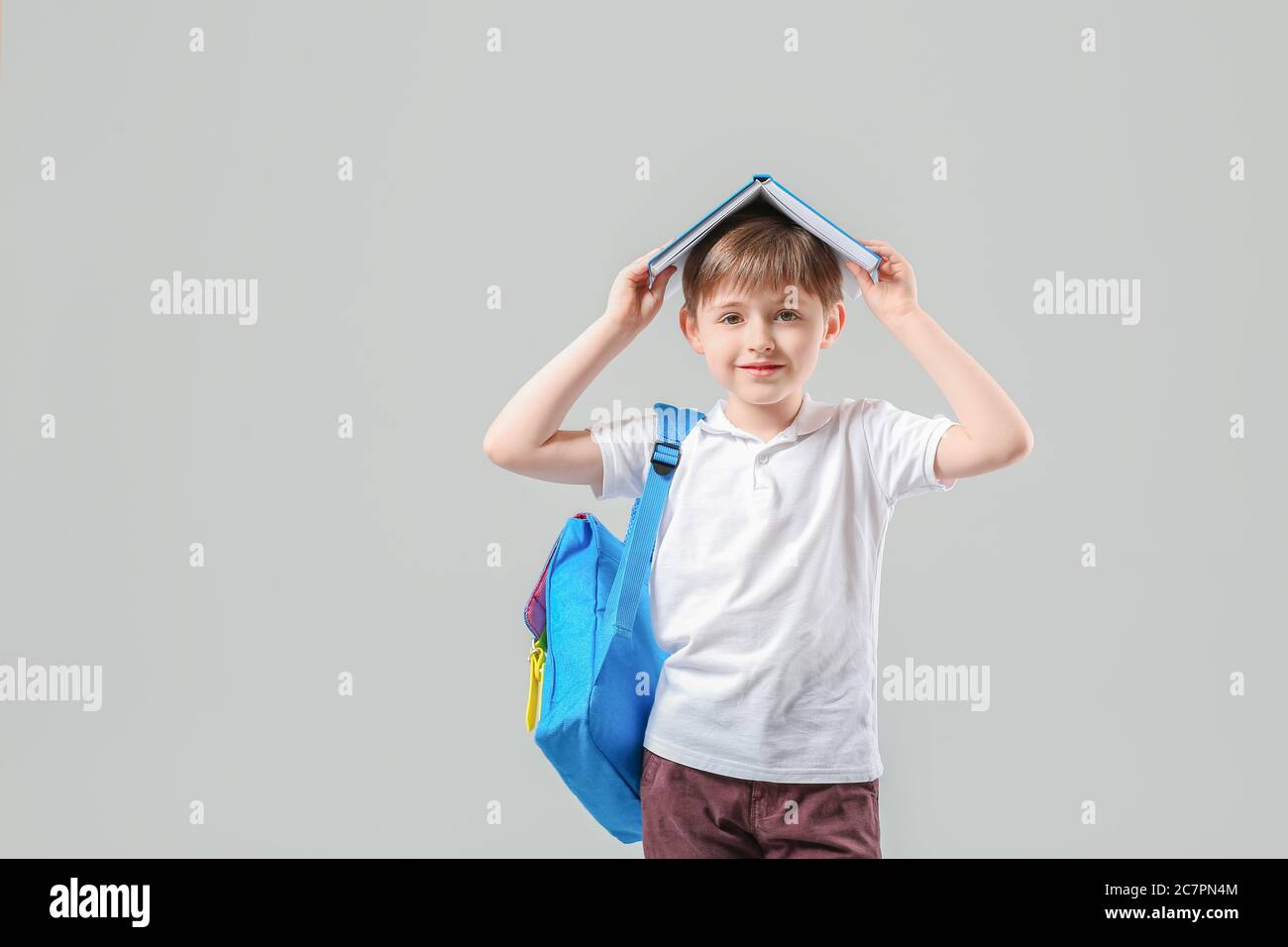 Cute little schoolboy on light background Stock Photo - Alamy