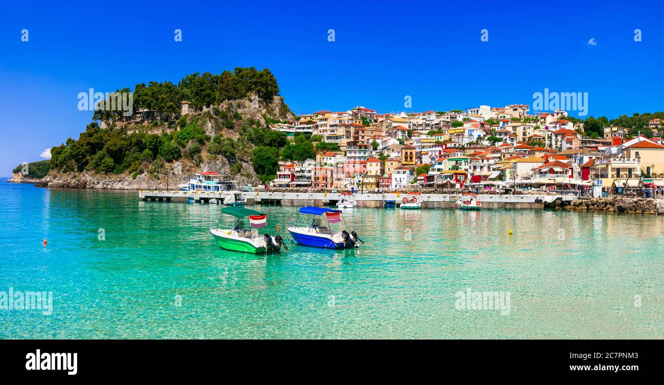 Coloful beautiful town Parga - perfect getaway in Ionian coast of Greece, popular tourist attraction and summer holidays in Epirus Stock Photo