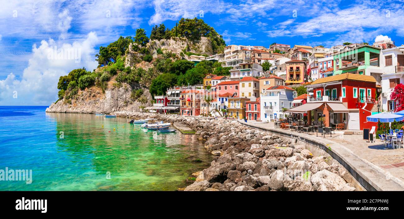 Coloful beautiful town Parga - perfect getaway in Ionian coast of Greece, popular tourist attraction and summer holidays in Epirus Stock Photo