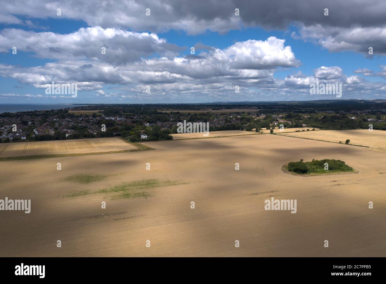 Aerial View over Goring Gap farmland with Ferring village and Goring by