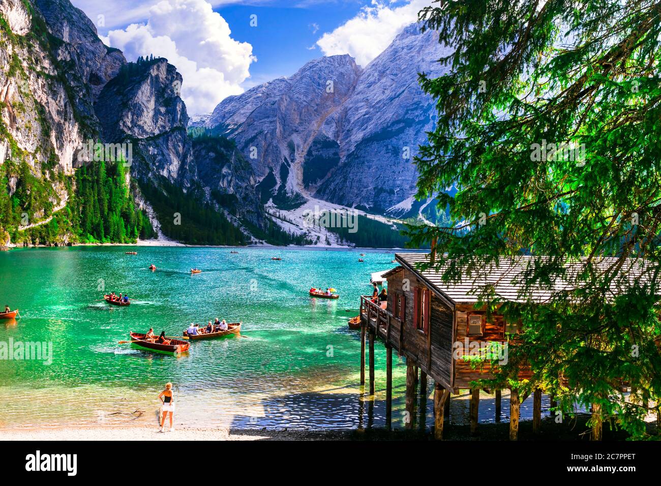 Breathtaking Alpine scenery, Dolomites mountains. Lake Lago di Braies. South Tyrol, Italy.  27.08.2019 Stock Photo