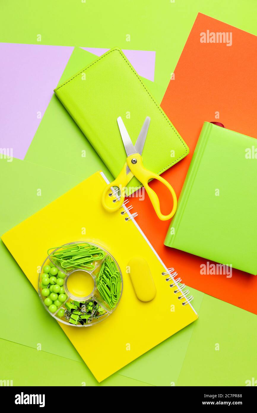 School supplies on color background Stock Photo