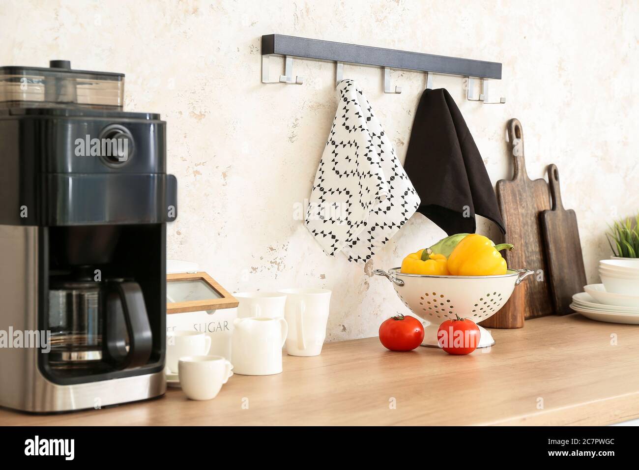 Set of utensils on kitchen counter Stock Photo