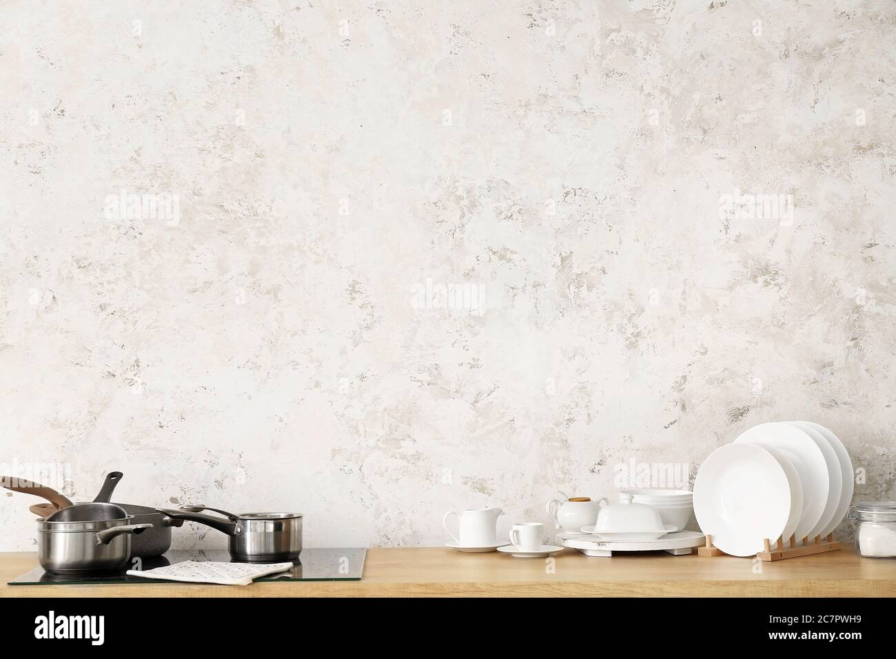 Set of utensils on kitchen counter Stock Photo
