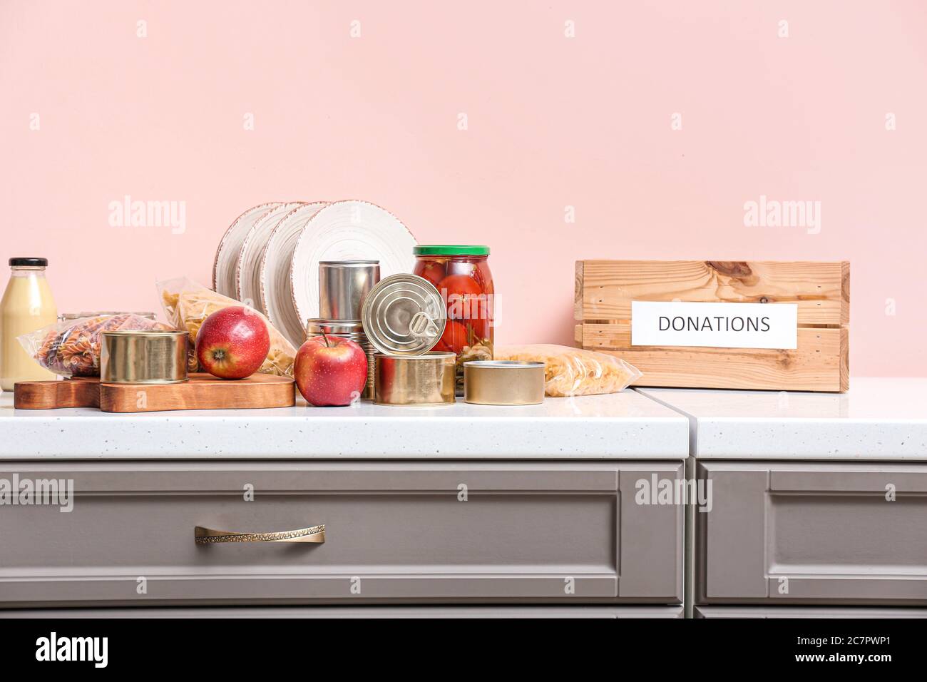 Different products on kitchen counter. Donation concept Stock Photo Alamy