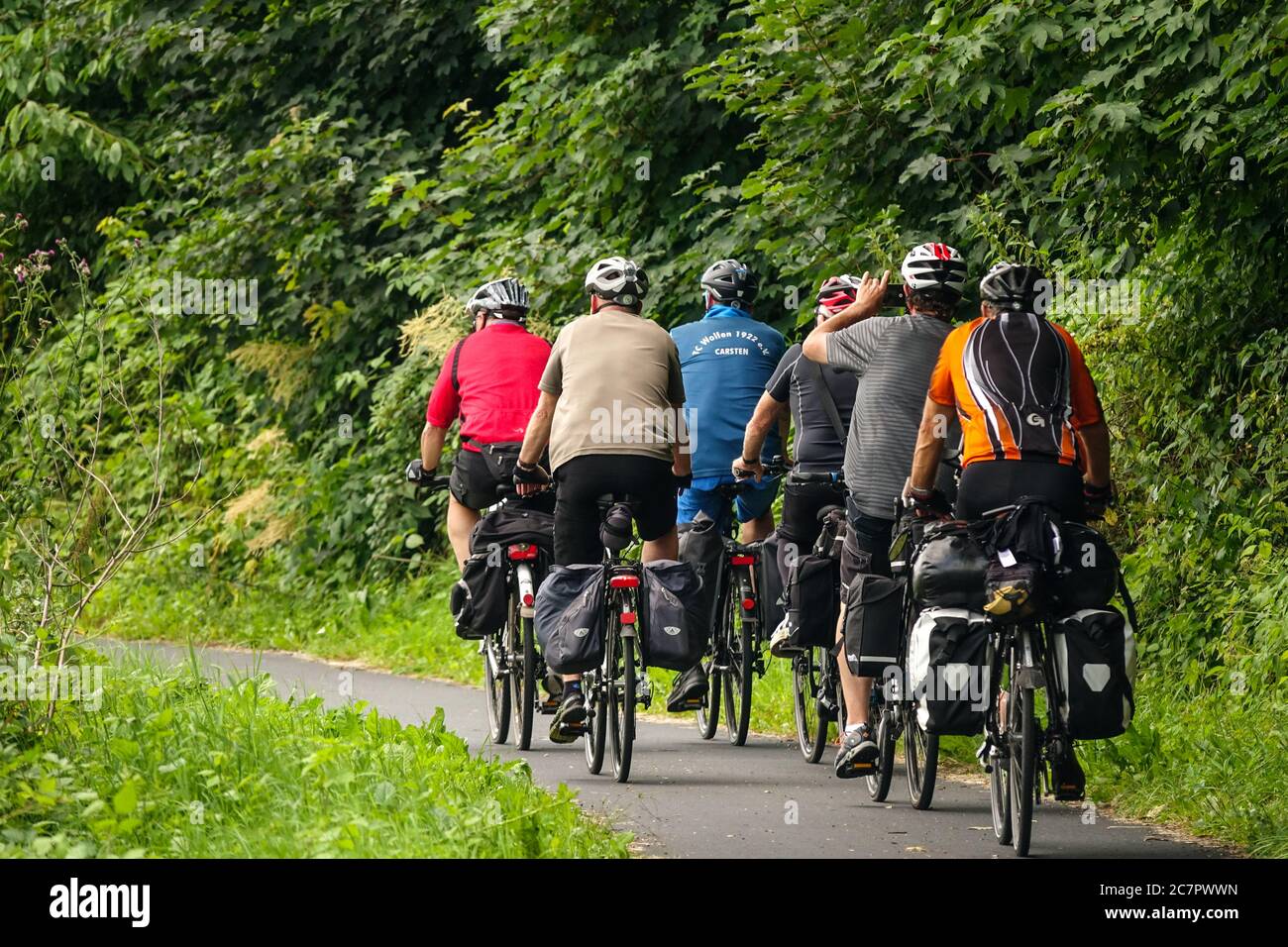 Group of seniors biking on a cycle path in nature Saxony Elberadweg Germany bikers rear Stock Photo