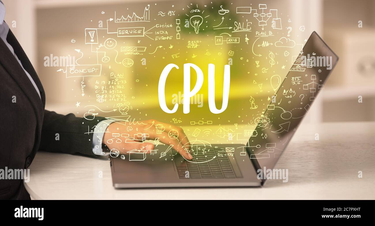 hand working on new modern computer with CPU abbreviation, modern ...