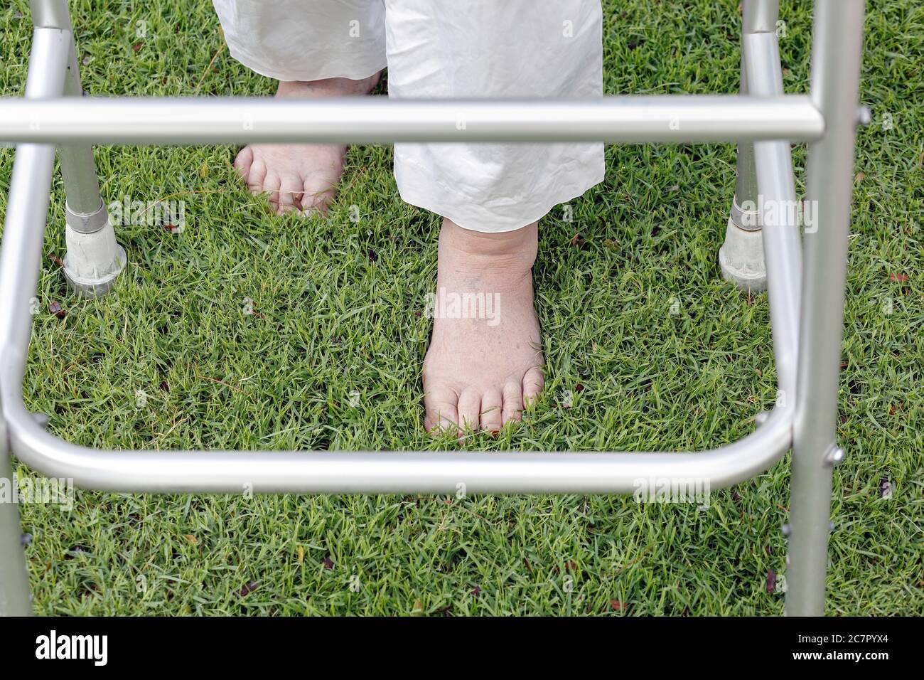 Elderly woman walking barefoot therapy on grass in backyard Stock Photo Alamy