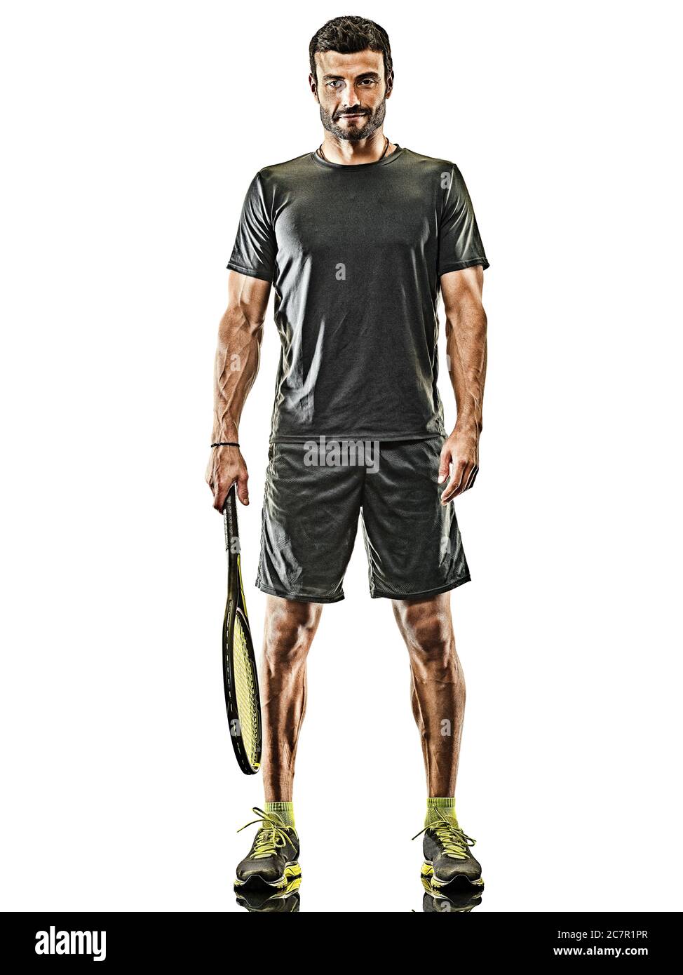 one caucasian mature tennis player man in studio isolated on white background Stock Photo