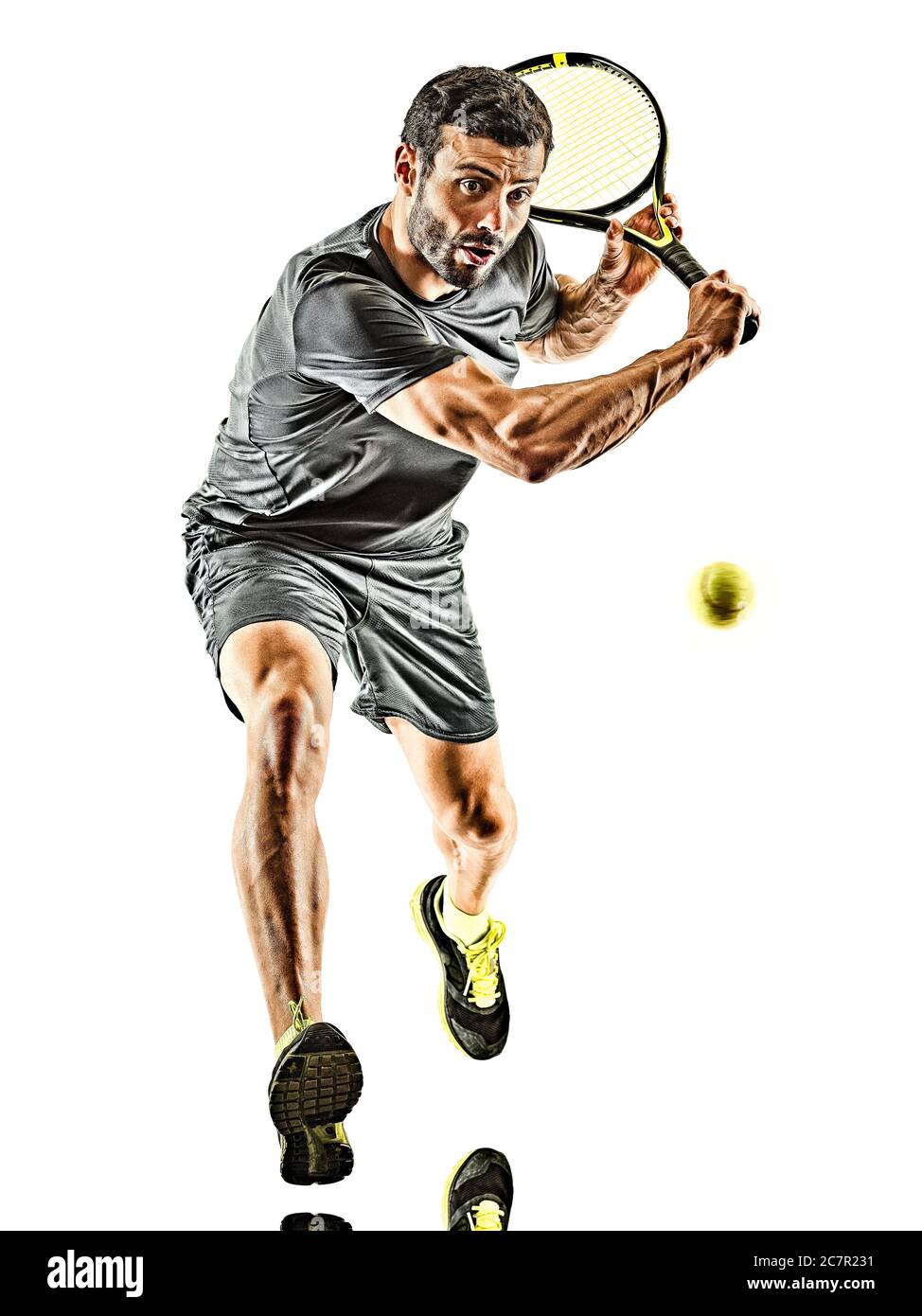 one caucasian mature tennis player man backhand silhouette full length in studio isolated on white background Stock Photo