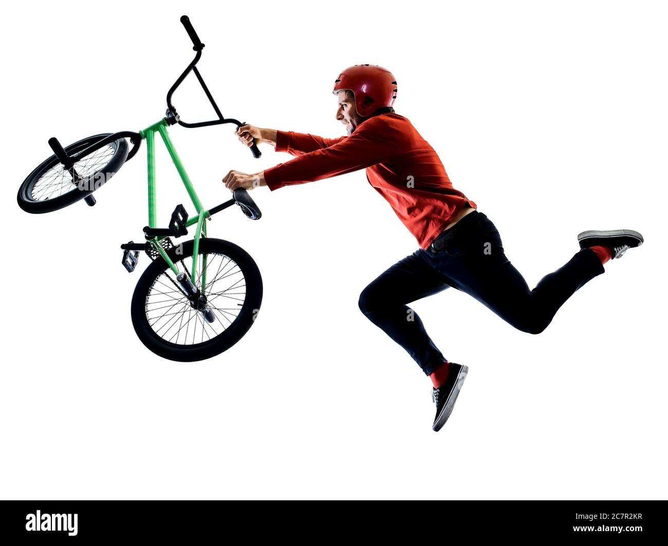 one young caucasian man BMX rider cyclist cycling freestyle acrobatic stunt  in studio isolated on white background Stock Photo - Alamy