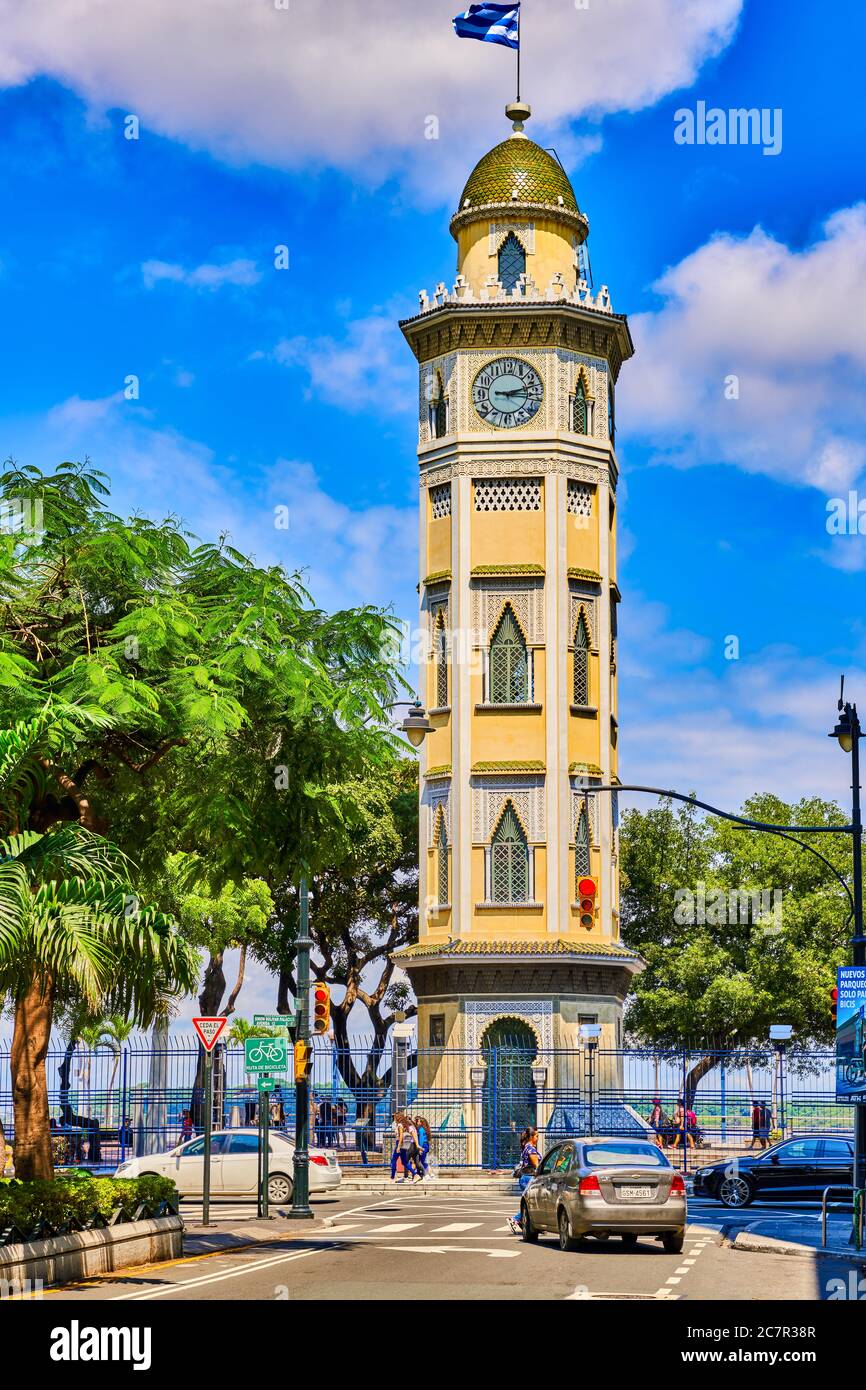 Guayaquil , Ecuador- March 7 , 2020 :  Moorish style clock Morisca Tower landmark of Malecon area Stock Photo