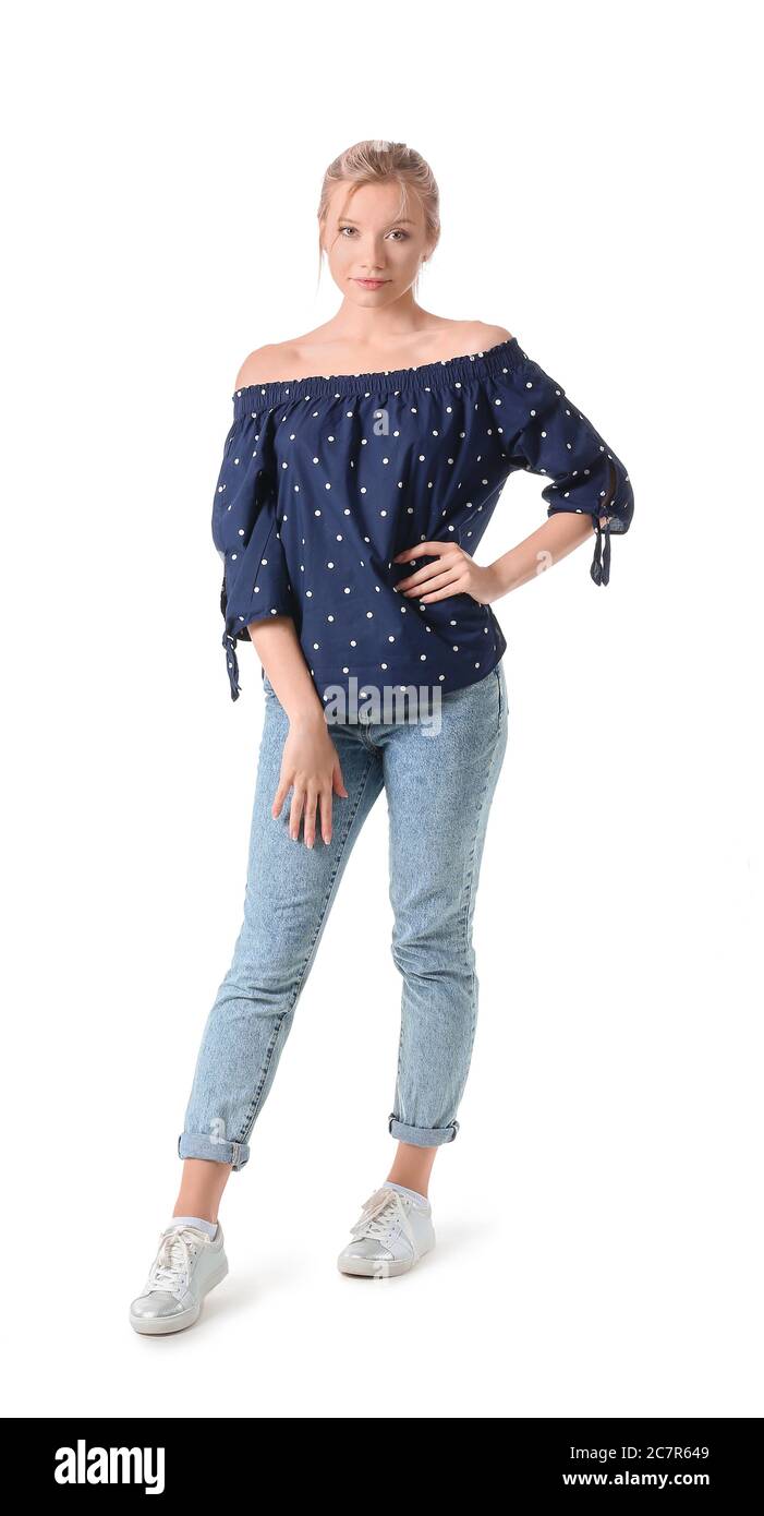 Portrait of beautiful young woman on white background Stock Photo - Alamy