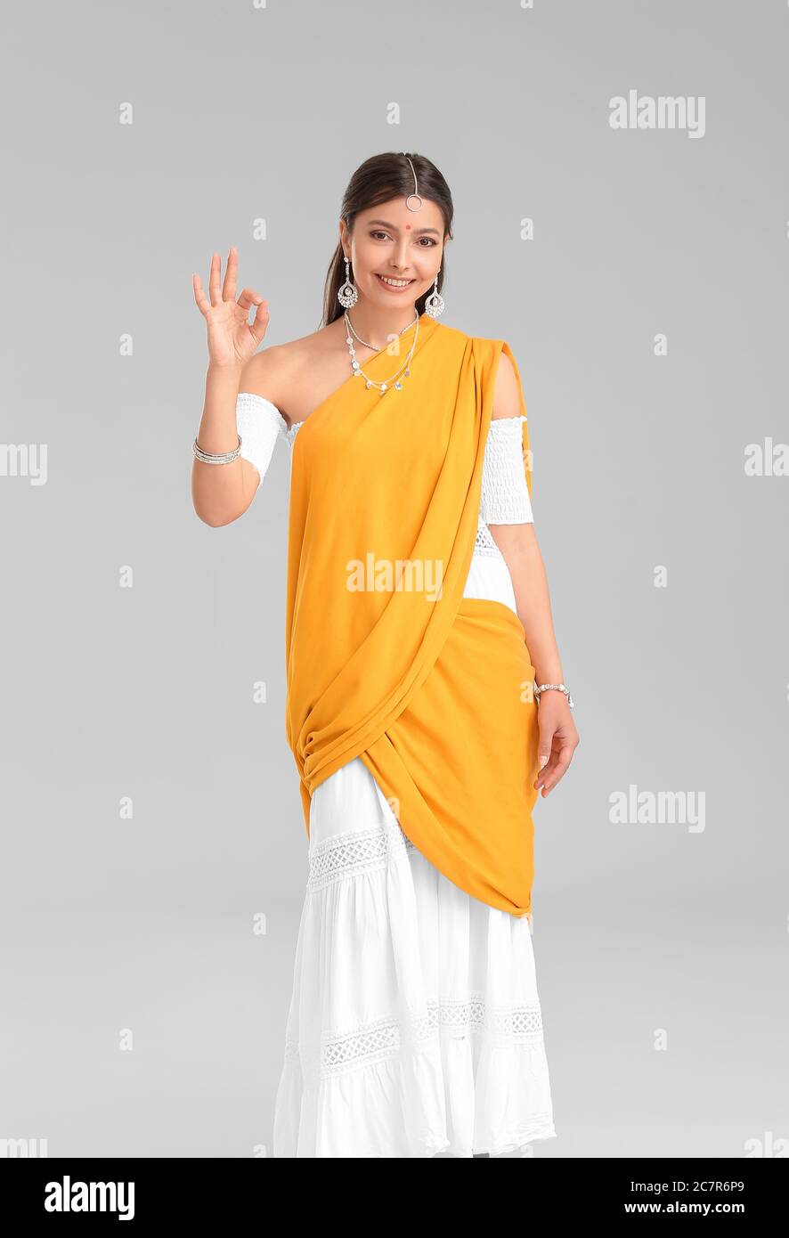 Beautiful Indian Women Wearing Saree Showing Hand Gestures while Smiling.  Stock Image - Image of design, drawing: 191694837