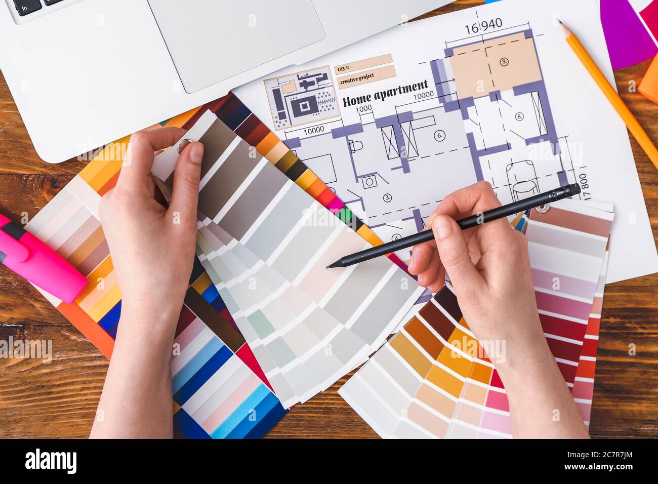 Working With Color Designer working with color palettes, top view Stock Photo - Alamy