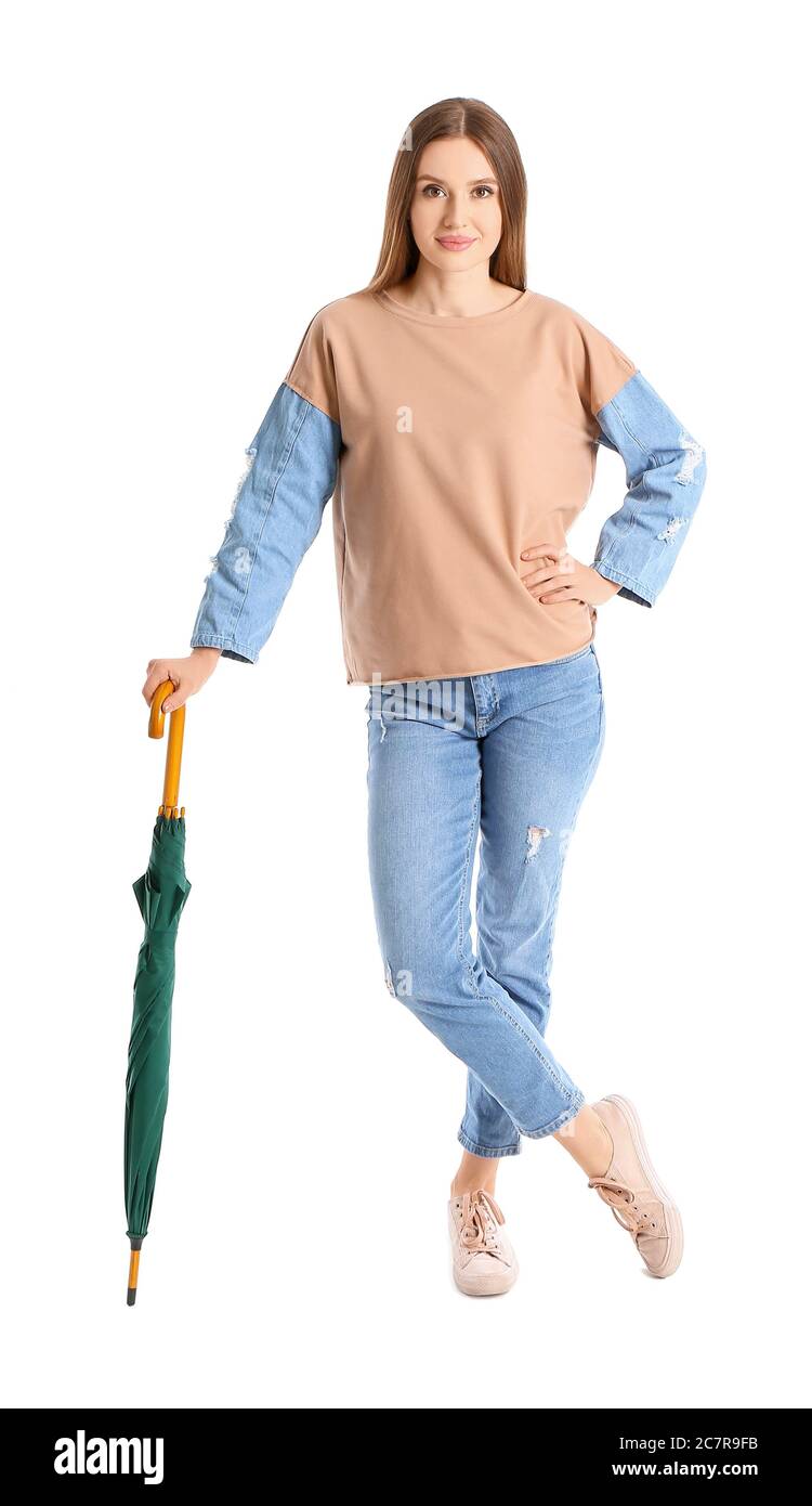 Beautiful woman with umbrella on white background Stock Photo - Alamy