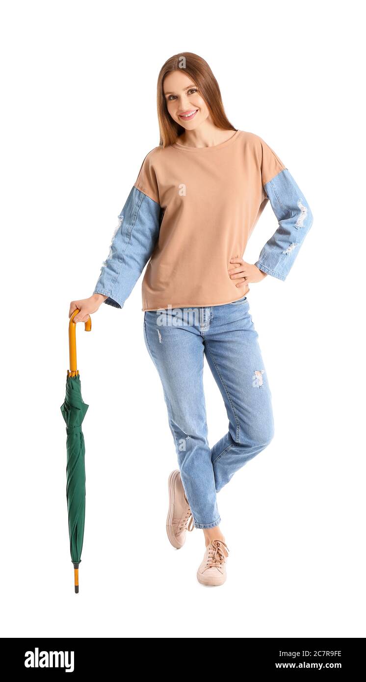 Beautiful woman with umbrella on white background Stock Photo - Alamy