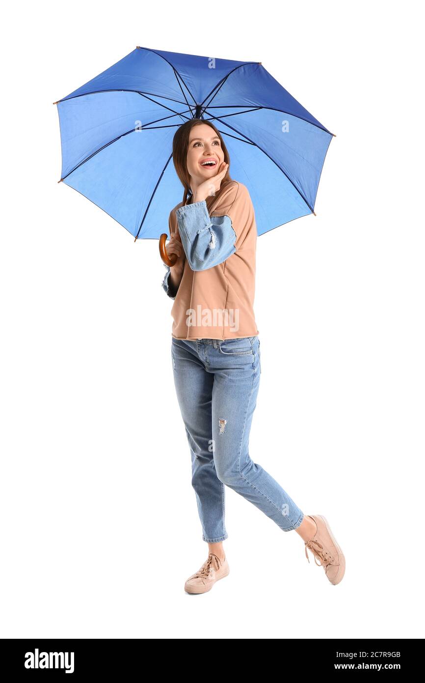 Beautiful woman with umbrella on white background Stock Photo - Alamy
