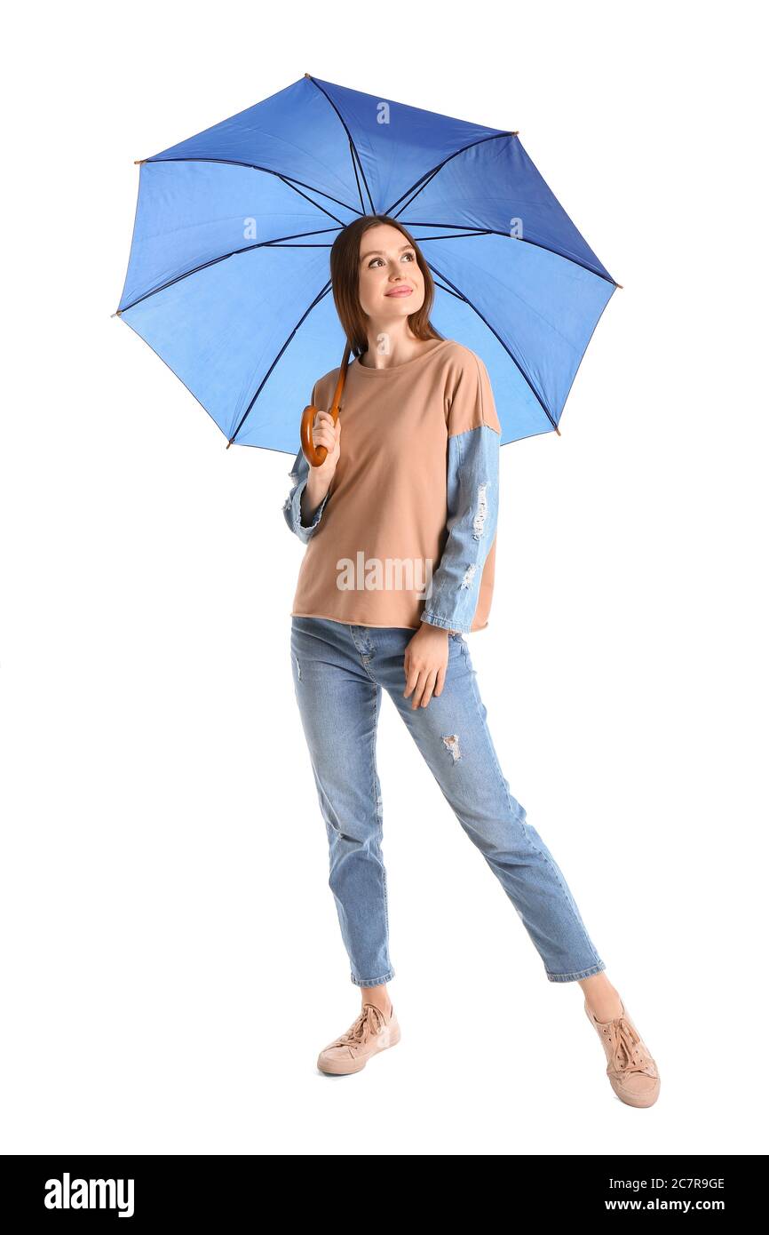 Beautiful woman with umbrella on white background Stock Photo - Alamy