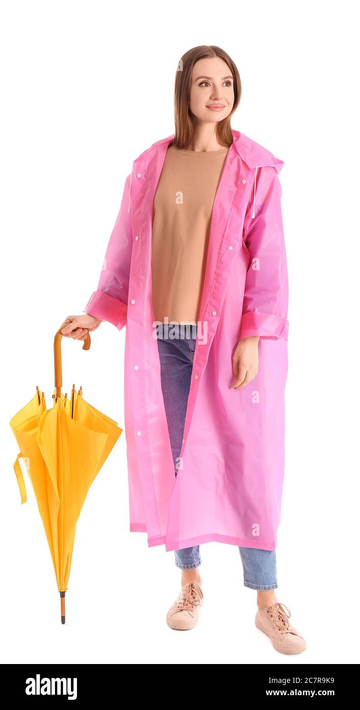 Beautiful woman with umbrella on white background Stock Photo - Alamy