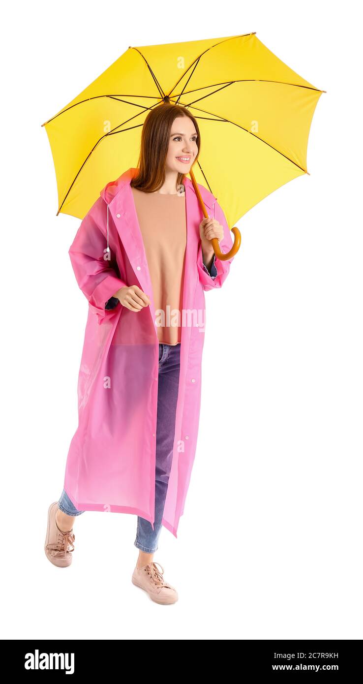 Beautiful woman with umbrella on white background Stock Photo - Alamy
