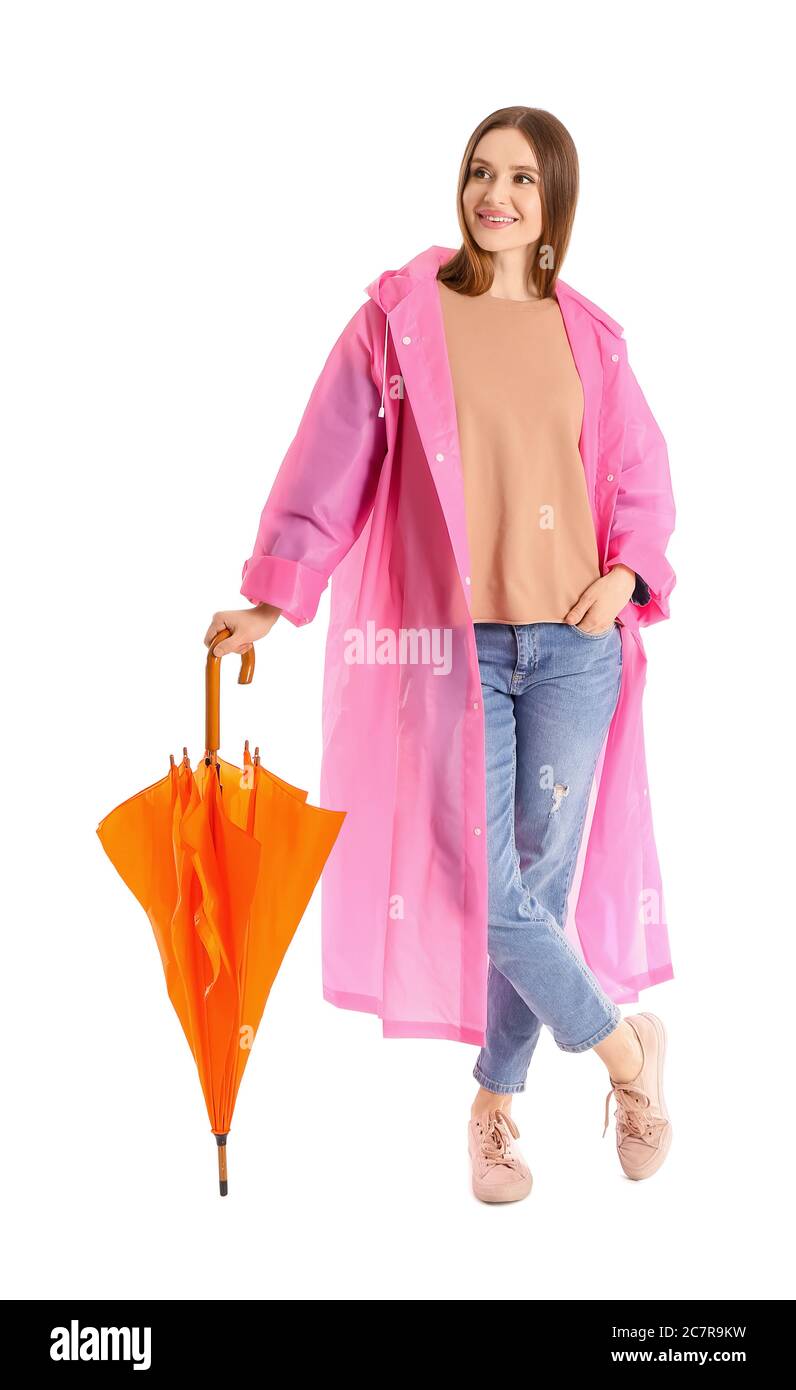 Beautiful woman with umbrella on white background Stock Photo - Alamy