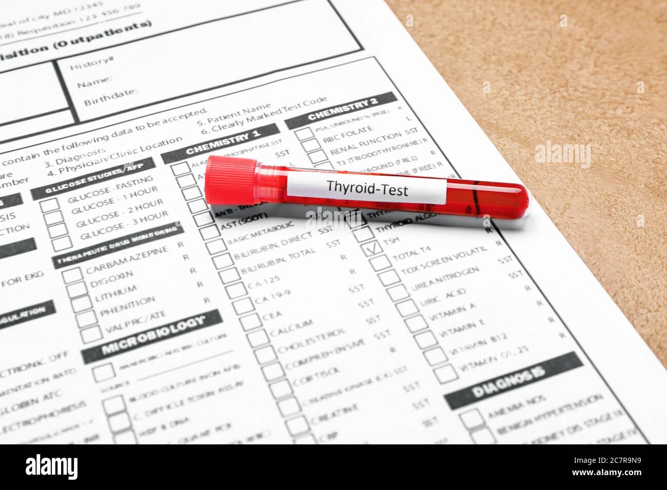 Blood sample in tube and laboratory test form on color background