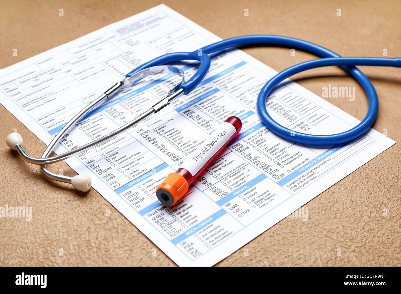 Blood Sample In Tube With Stethoscope And Laboratory Test Form On Color Background Concept Of Thyroid Disease Stock Photo Alamy