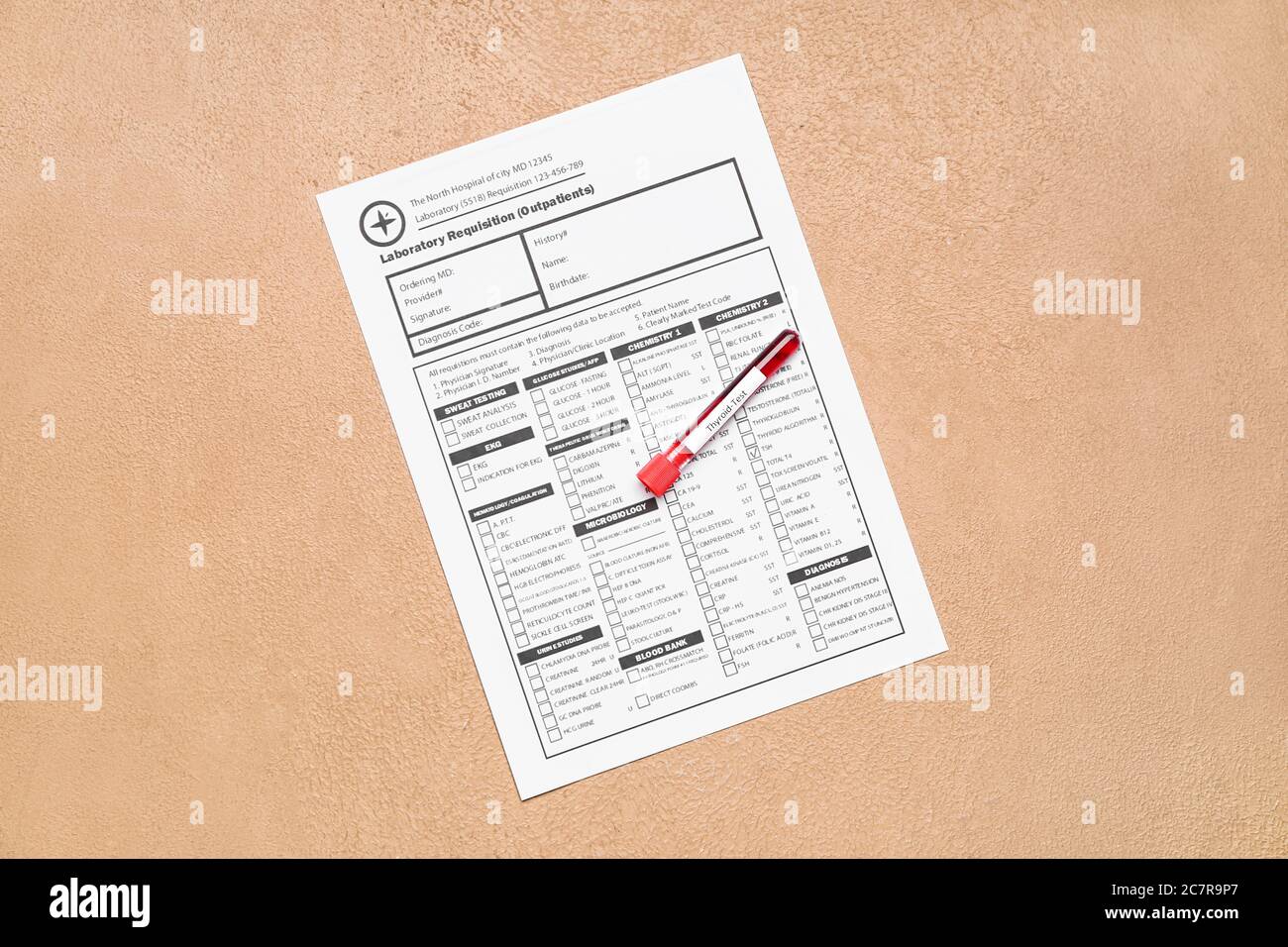 Blood sample in tube and laboratory test form on color background