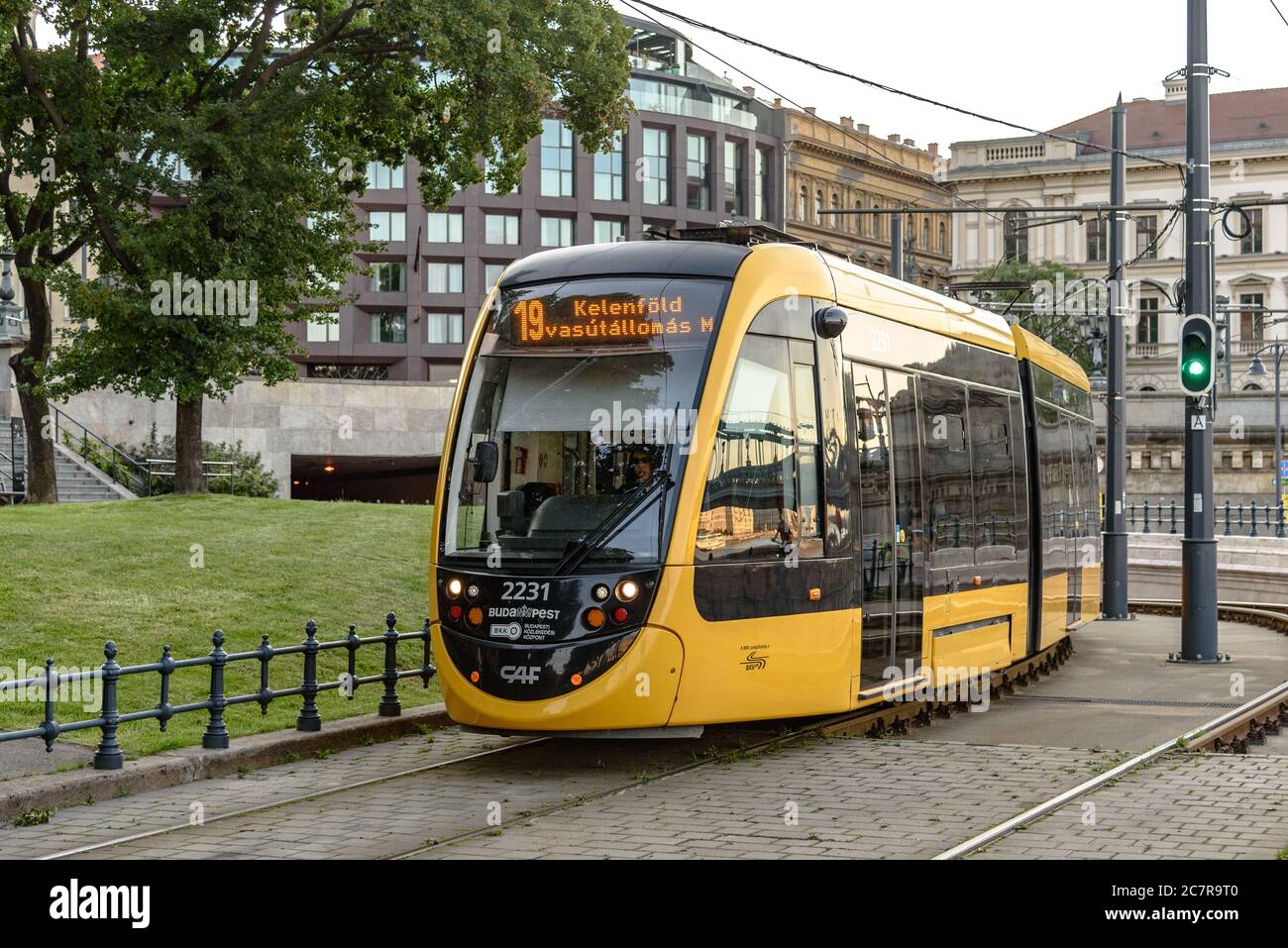 A CAF Urbos 3 tram running on line 19 in Budapest Stock Photo