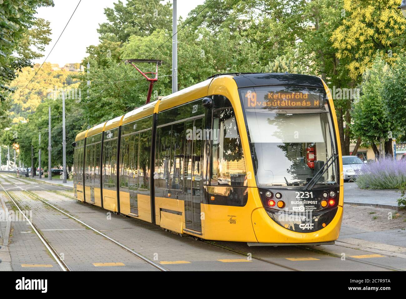 A CAF Urbos 3 tram running on line 19 in Budapest Stock Photo