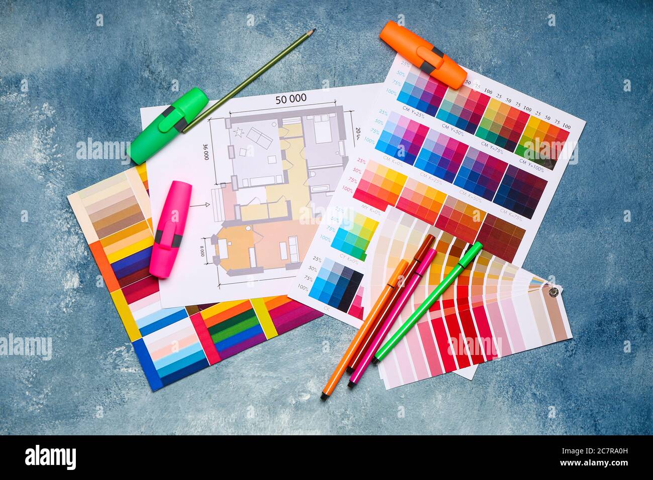 Color palettes with building plan on blue background Stock Photo - Alamy