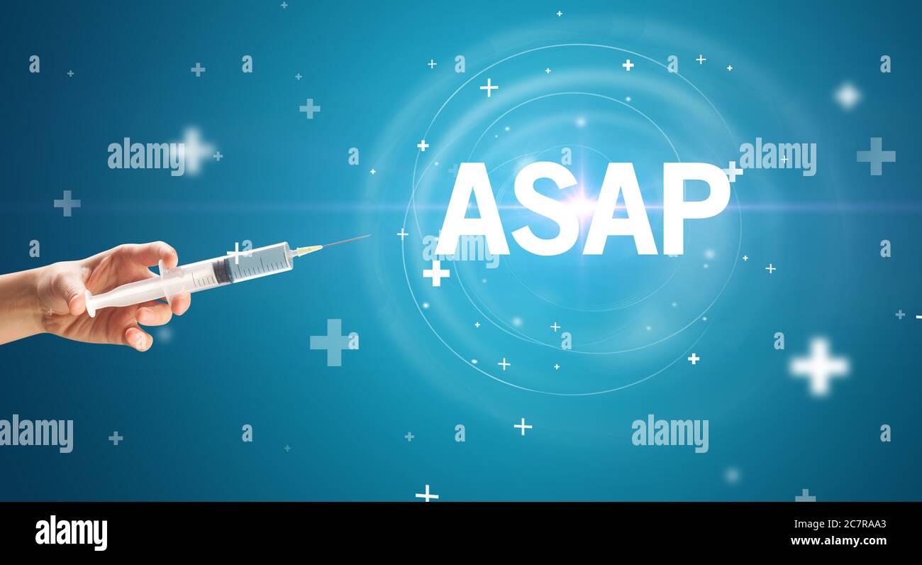 Syringe needle with virus vaccine and ASAP abbreviation, antidote ...